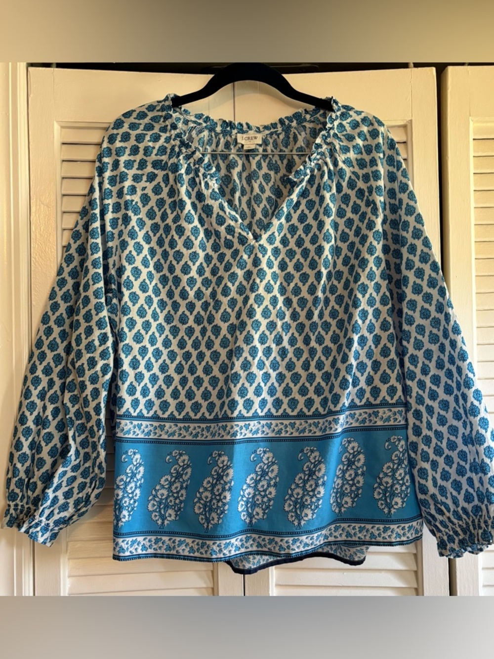 J CREW blue white COTTON peasant blouse PRINT summer LARGE split neck